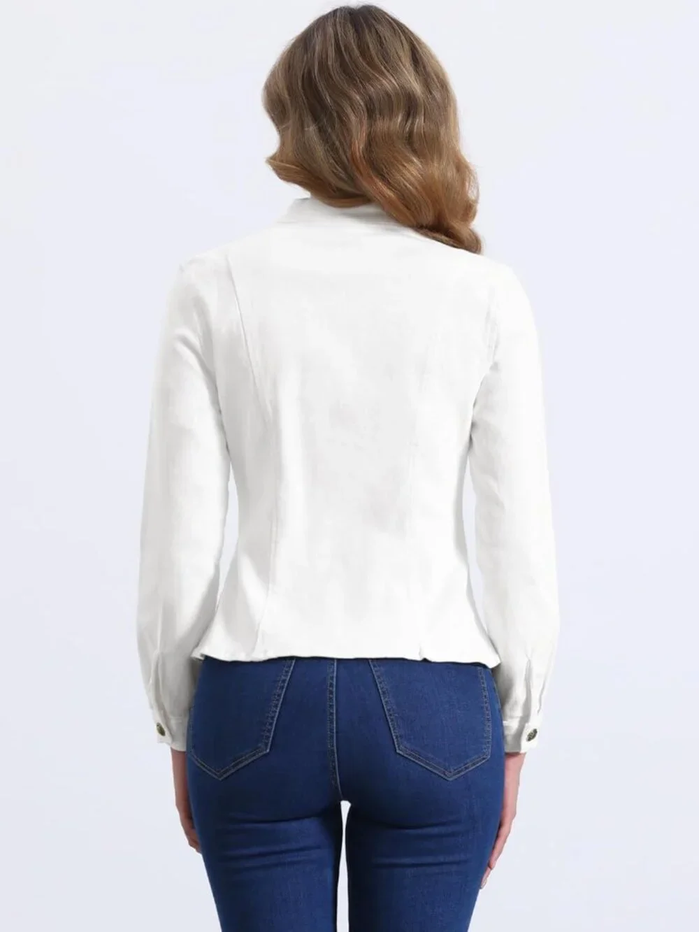 Women's White Classic Stand Collar Long Sleeve Denim Jackets Flap Chest Pockets